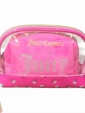 Juicy Couture Strawberry Clear Cosmetic Pouch w/Rhinestone Logo Velour Pouch Set